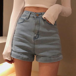 超高腰牛仔短裤女2021年夏季薄款浅色，直筒卷边显瘦弹力热裤潮