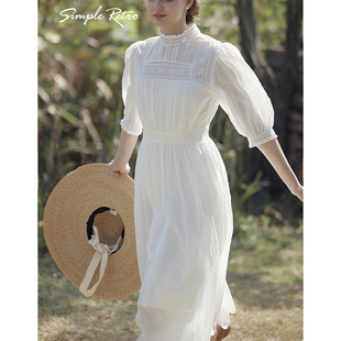 SimpleRetro重工天丝绵连衣裙蕾丝拼接七分袖法式立领白色高腰裙
