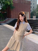 DeeeeFuu沛沛 今日报道 夏季甜美减龄高腰百褶裙短衬衫马甲三件套