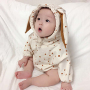 韩国秋冬男女婴连体卫衣兔耳朵波点纯棉加绒包屁连帽爬服三角哈衣