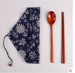 日式和风木质筷子勺子，套装旅行便携日本餐具，碎花袋三件套学生