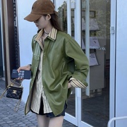 港风高级感炸街绿色皮衣外套，女秋装搭配宽松条纹衬衫两件套上衣