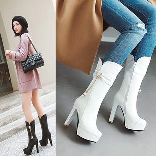 2021韩版高跟马丁靴女单靴白色粗跟中筒靴秋冬季加绒骑士靴