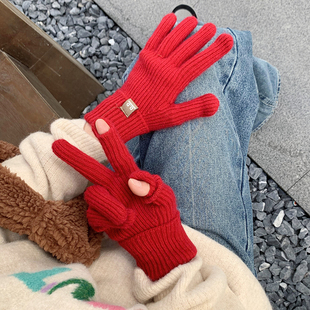 气氛红色针织手套女冬季纯色学生漏指可触屏玩手机毛线保暖长腕款