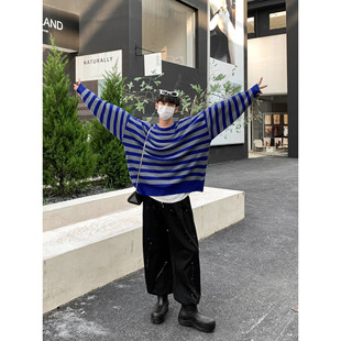 超值#套头毛衣男蓝灰条纹，小众设计感2023休闲蝙蝠袖针织上衣