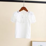韩版童装夏女童(夏女童，)纯棉蕾丝镂空短袖t恤儿童，薄款白色打底衫半袖体袖