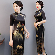 老上海旗袍长款春秋季优雅中袖连衣裙中长款旗袍复古中国风