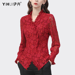 2024春装蕾丝衫上衣女v领短袖设计感衬衫，洋气质红色小衫显瘦衬衣