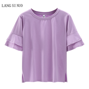 宽松圆领喇叭袖紫色t恤夏季衣摆开叉，纯棉简约荷叶边短袖打底衫