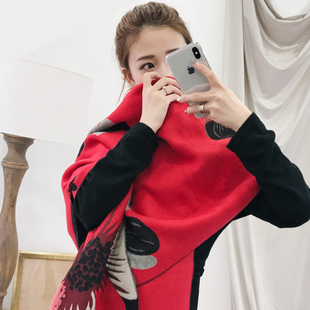 秋冬韩版女超大加厚长款保暖披肩学生双面太阳花红披风围巾