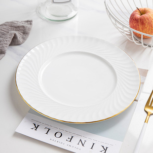 景德镇陶瓷欧式创意金边餐具套装，纯白牛排平盘，骨瓷西餐盘瓷圆盘子