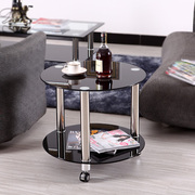 简约圆形钢化玻璃小茶几双层带轮茶车移动茶台家用客厅简易桌子