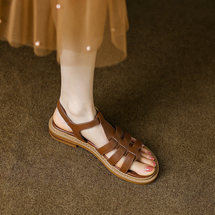 真皮凉鞋女鞋平底低跟露趾夏季2024复古编制法式罗马风格百搭