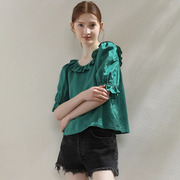 米可帛恩夏绿色(夏绿色)真丝，丝棉提花法式泡泡，袖衬衫女娃娃衫衬衣短款上衣