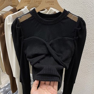 2022泡泡袖针织衫女设计感小众冬季黑色打底洋气网纱拼接法式上衣