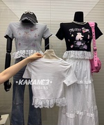 KAKAMEE2024夏季卡通趣味小熊蕾丝拼接短袖T恤紧身辣妹风