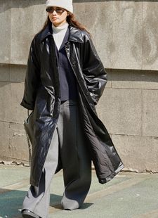 ManMans黑色PU皮夹棉风衣棉服冬季时髦廓形宽松长款外套女