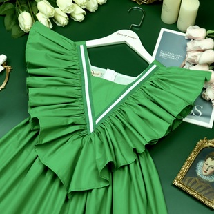 童装女童夏装夏天连衣裙超大荷叶，边背心裙，纯棉公主欧美风绿色