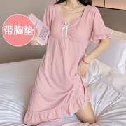 短袖睡裙女夏季薄款纯棉，2024年性感荷叶，边带胸垫粉色睡衣裙子