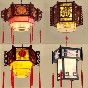 中式仿古吊灯实木羊皮餐厅客厅灯，茶楼中国风复古灯酒店大厅工程灯