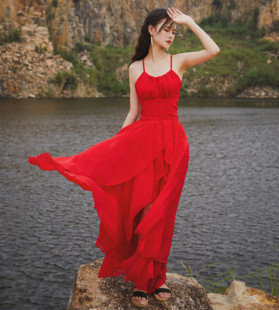 红色超仙显瘦度假不规则燕尾，裙交叉露背绑带婚纱礼服长裙