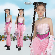 SOOLIKE 爵士舞蹈女童服装夏季粉色芭比套装女团街舞表演演出服