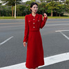 春节新年红连衣裙假两件套裙羊毛裙摆，设计感小香风端法长袖裙女