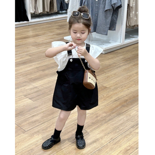儿童韩版套装20k23夏季中小女童黑色棉布背带短裤花边上衣套