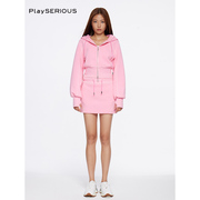 leewei胶囊系列早春休闲粉色，撞色线连帽，开衫卫衣短裙两件套