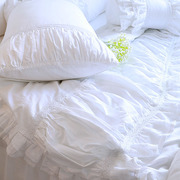 进口欧美韩版豪华重工公主，褶皱嵌蕾丝白色，贡缎床上用品全棉四件套