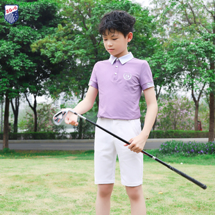 zg6夏季高尔夫球童装男套装，儿童运动球服紫色，短袖t恤亲子白色中裤
