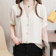 2023夏季方(夏季方)扣设计感小众短袖雪纺衫女韩版宽松时尚个性衬衫