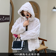 2023獭兔毛皮草外套，女连帽款时尚，保暖质地细腻海宁韩版
