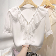 2023韩国气质显瘦纯色珍珠荷叶，边v领套头短袖雪纺衬衫女夏季