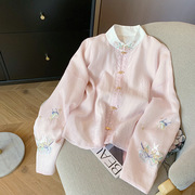 新中式粉色刺绣立领长袖衬衫，女2024春季国风，温柔甜美气质轻薄上衣