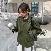 皮衣外套女2023春秋高级感设计感绿色短款小个子pu皮机车夹克