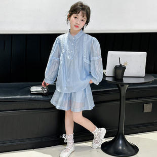 女童夏季防晒衣套装儿童韩版洋气长袖薄软空调衫中大童短裤两件套