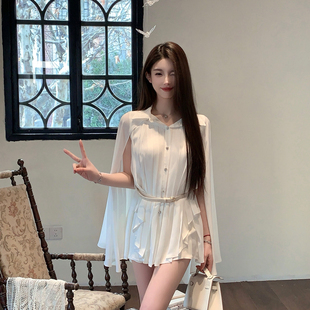 fairyjiang夏季白色斗篷披肩，雪纺衬衫女设计感收腰衬衣含腰带