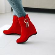 磨砂女鞋红色靴子婚鞋新娘鞋内增高高跟短靴大码靴子小码女靴 MG