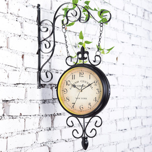 欧式铁艺双面挂钟创意，美式田园挂表现代简约客厅个表装饰复古时钟