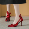 法式绸缎超高跟鞋女细跟大红色婚鞋新娘鞋高级设计感小众尖头单鞋