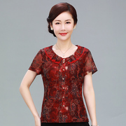 竹语声夏装短袖套头，t恤衫妈妈红色上衣台湾网纱女士中老年人