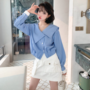 MIUCO清新蓝白条纹大翻领纯棉衬衫+高腰工装风半裙套装2024