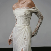 法式一字肩长袖蕾丝轻婚纱，新娘高级感小众森系出门纱超仙白色礼服