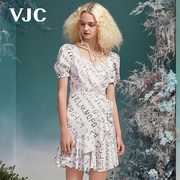 VJC/威杰思女装春夏连衣裙V领泡泡袖收腰不规则气质减龄