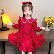 女童公主裙春秋款长袖娃娃领波点甜美可爱日常圆点红色B类连衣裙