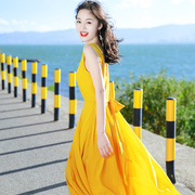 2024夏季女装海边度假沙滩裙黄色复古雪纺连衣裙波西米亚长裙