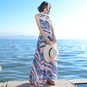 2023夏季女装系带显瘦无袖雪纺连衣裙波西米亚长裙超仙沙滩裙