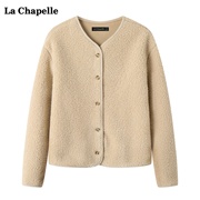 拉夏贝尔/La Chapelle仿羊羔绒外套女秋冬摇粒绒圆领开衫上衣