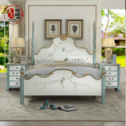 美式乡村彩绘床双人床地中海风格婚床实木床卧室美式床田园公主床